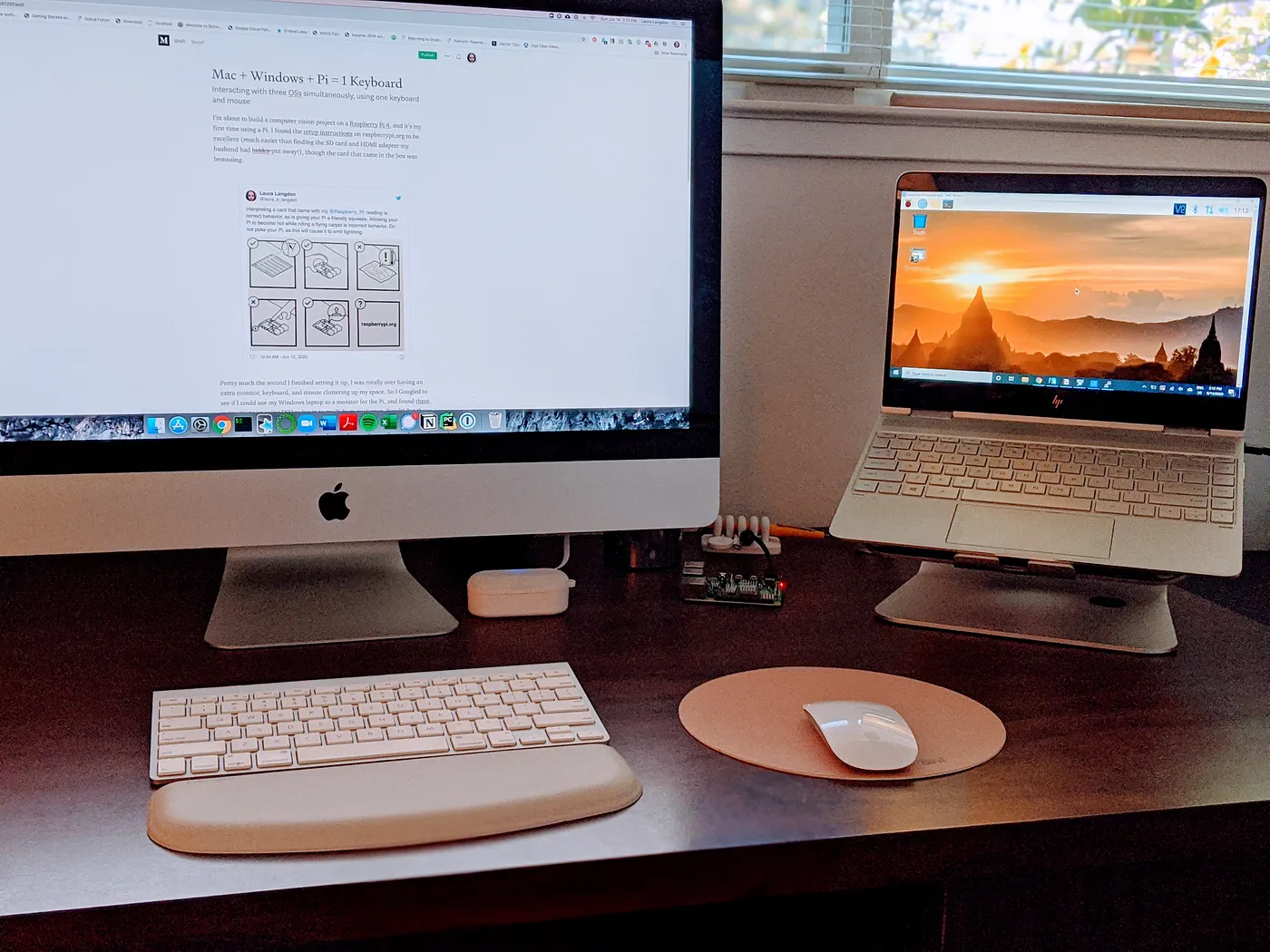 Photo of Mac, laptop, and Pi, with keyboard and mouse